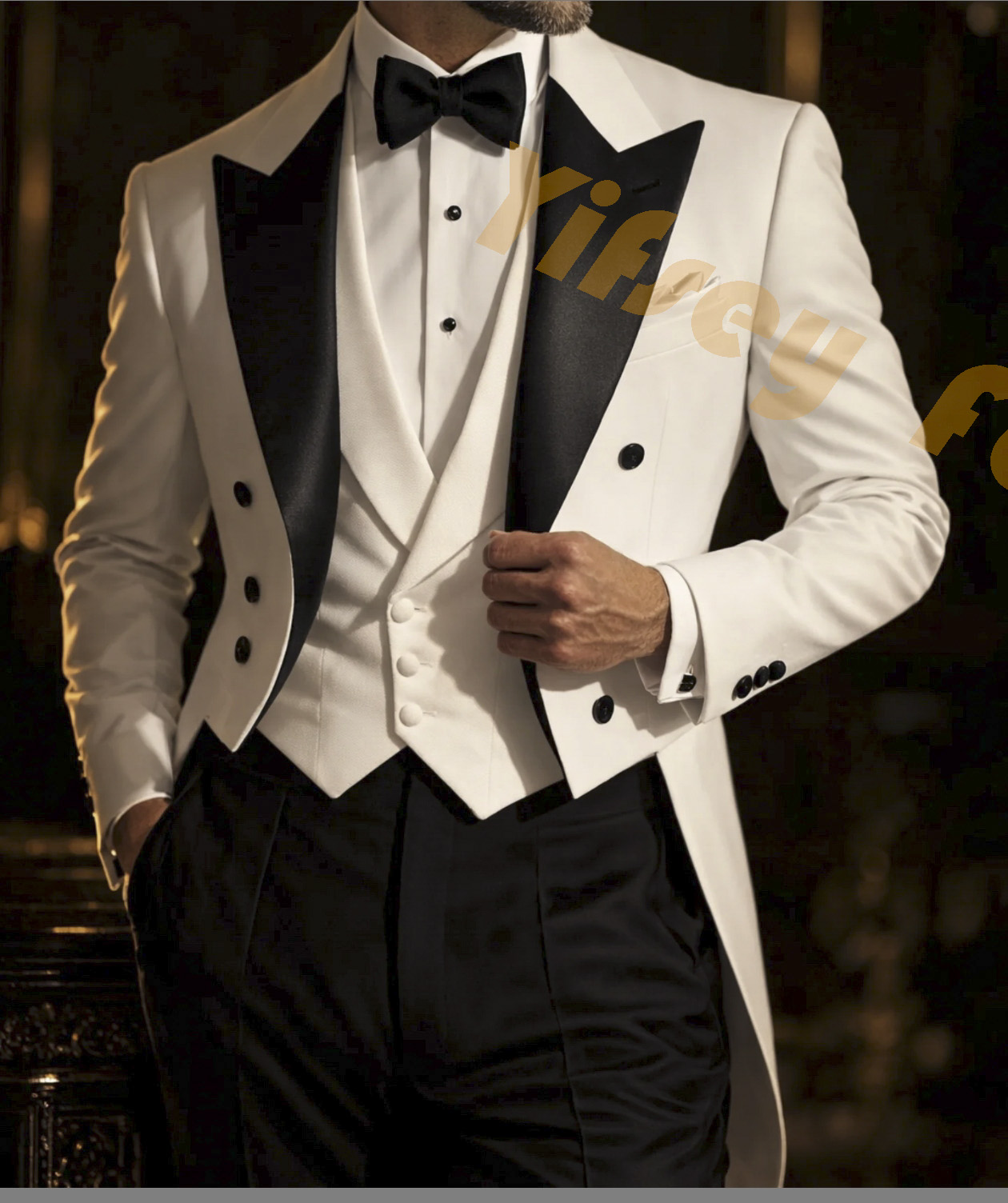 Men Grooming Outfit - White Tailcoat Black Pants Men Suit