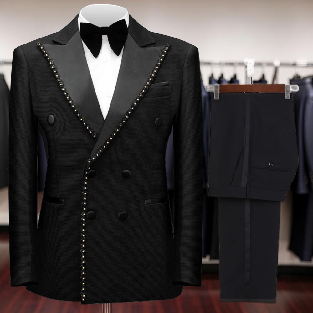 Men Grooming Outfit - Double Breasted Beaded Formal Suits for
