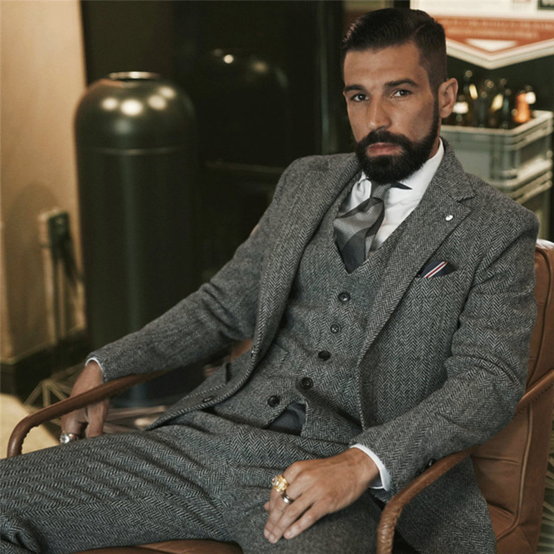 Gray Wool Tweed Winter Suit fo - Men Grooming Outfit 评论和价格