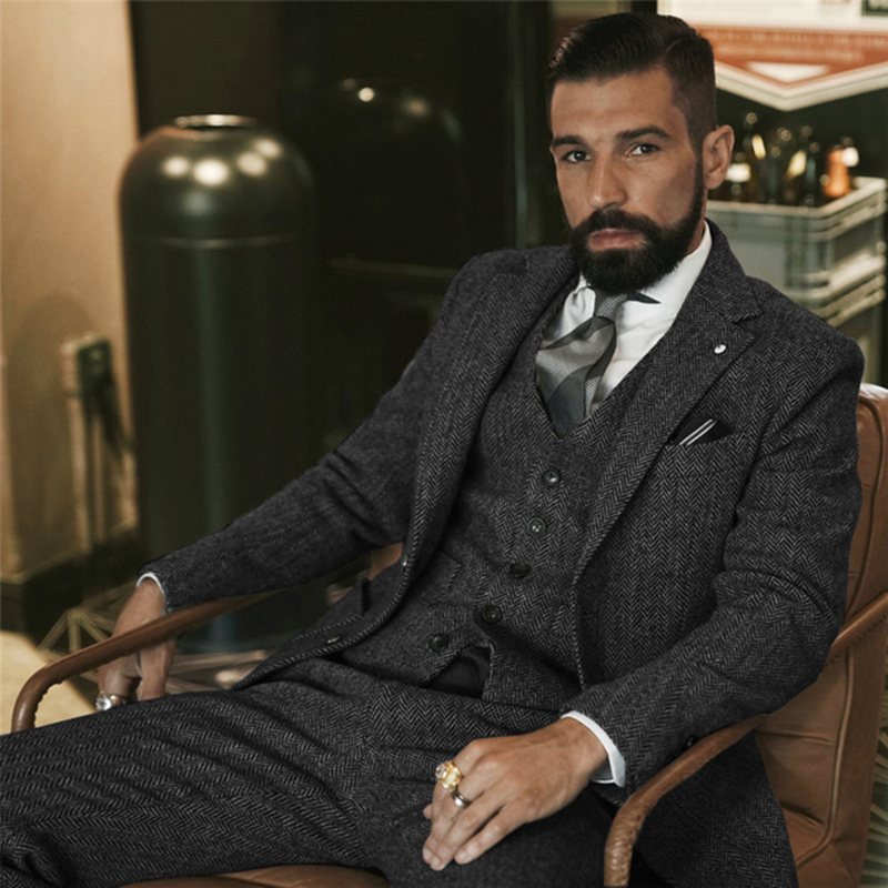 Gray Wool Tweed Winter Suit fo - Men Grooming Outfit 评论和价格